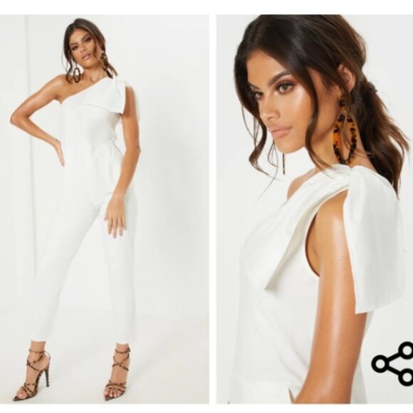 White One Shoulder Jumpsuit Sleeveless Cropped Ankle Pretty Little Thing Size 4 - Picture 1 of 14